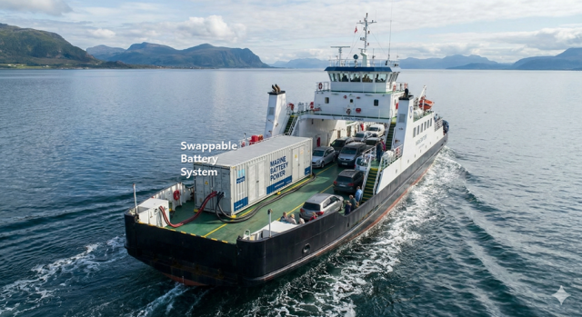 교체식 배터리 시스템으로 운항하는 연안선박 개념도(Nano Banana 생성 이미지)